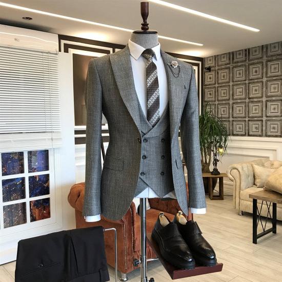 Vasilis Dark Gray Small Plaid Peaked Lapel Slim Fit 2 Flaps Business Men Suits_2