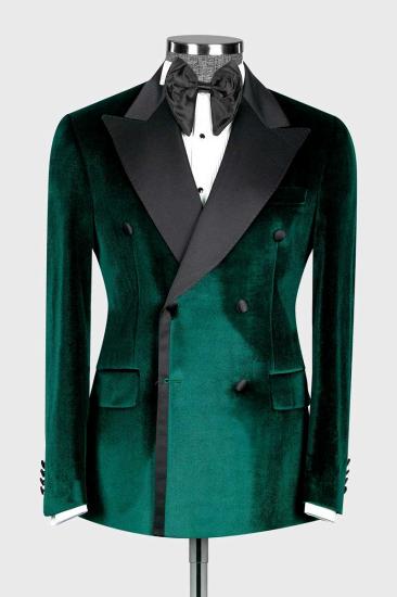 Beckett New Arrival Green Double Breasted Velvet  Prom Suits With Peaked Lapel