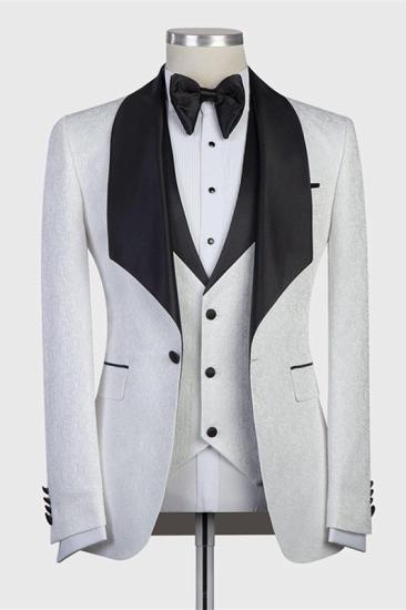 Markos White Jacaquard Three-Pieces Wedding Groom Suits with Black Shawl Lapel_1