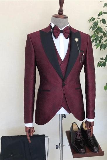 Ayla Fashion Burgundy Jacquard Peaked Lapel Three Pieces Men Suits for Wedding