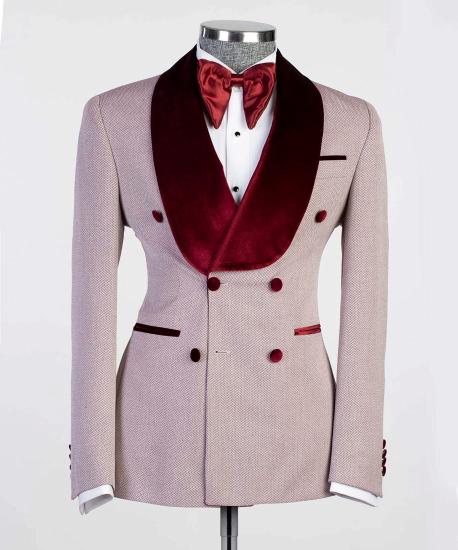 Fashion Double Breasted Fashion Prom Suits With Burgundy Shawl Lapel_3