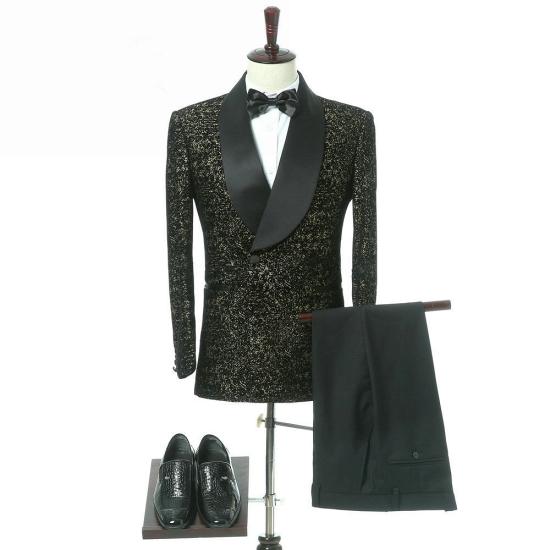 Unique Black Slim Fit Shawl Lapel Double Breasted Wedding Groom Suits_3