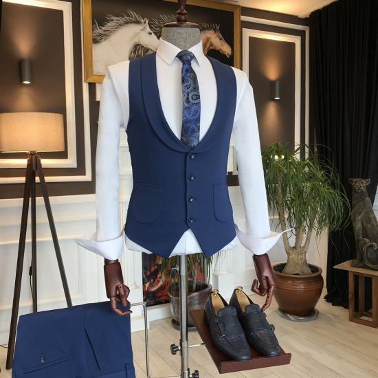 Fashion Formal Dark Blue Three Pieces Peaked Lapel Business Men Suits_3
