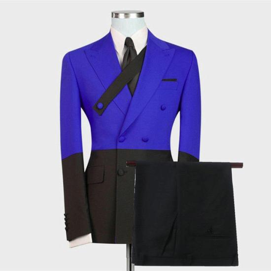 Modern Royal Blue And Black Double Breasted Peaked Lapel Prom Men Suits_2