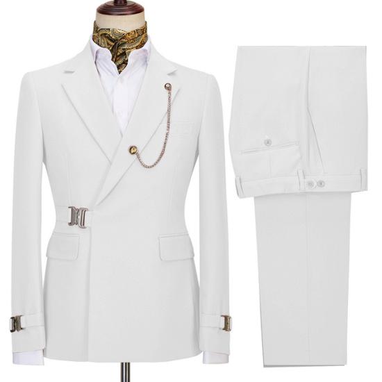 Glamorous White Two Pieces Notched Lapel Men Suits With Buckle_2