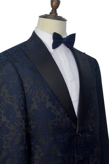 Popular Dark Navy Jacquard Black Silk Peak Lapel Mens Suits For Prom and Weddings_4