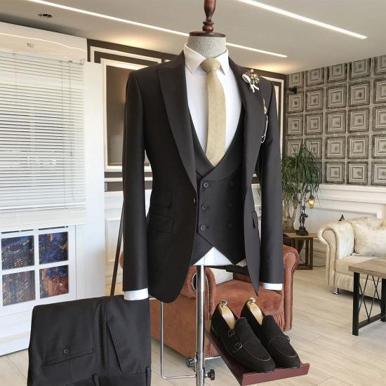 Classic Black Peaked Lapel 3-pieces Business Men Suits | Happnessmall_2