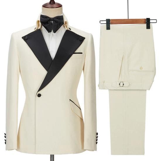 New Arrival Off White Black Silk Peaked Lapel Slim Fit One Button Men Suit_3