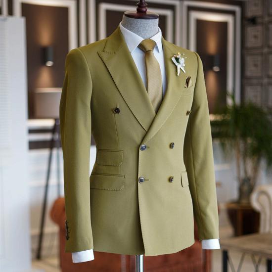 Popular Green Peaked Lapel Double Breasted Prom Men Suits_2
