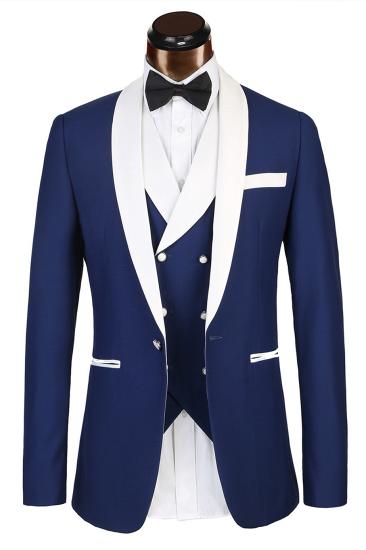 Classical 3 Piece White Lapel Edge Banding Formal Blue Men's Suit For Wedding_4