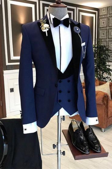Solid color slim fit dark navy blue peaked lapel formal men's business suit