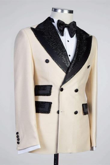 Emma Chic Champagne Double Breasted Bespoke Men Suits With Black Peaked Lapel_2