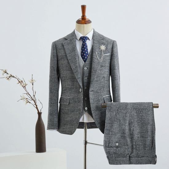 Avery Modern Gray Small Plaid Notched Lapel One Button Tailored Business Suit_2
