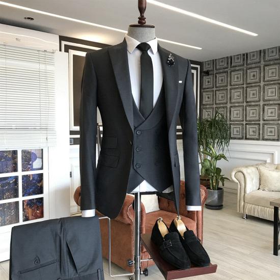 Ronin Classic Black 3-Pieces Peaked Lapel Double Breasted Waistcoat Men Suits_2
