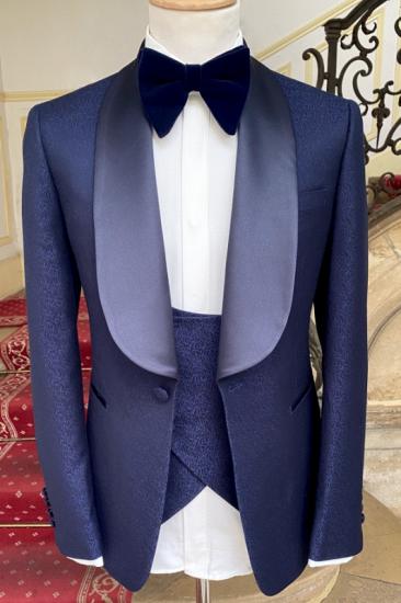 Fancy Navy Blue Jacquard Three Pieces Wedding Suits {{$GlobalData.Year}}_1