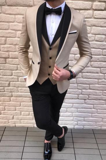 Gold Champagne 3 Piece Prom Suits | Black Satin Shawl Lapel Wedding Tuxedos_1