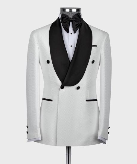 Fashionable white two-piece double breasted wedding dress with black shawl lapel_3