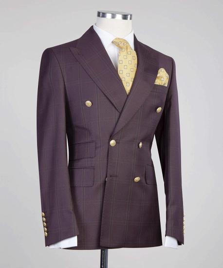 Popular  Bugundy Plaid Double Breasted Best Fitted Men Suits_3