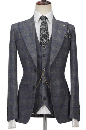 Happnessmall Gray Bespoke Notched Lapel Three Pieces Plaid Formal Suits_1