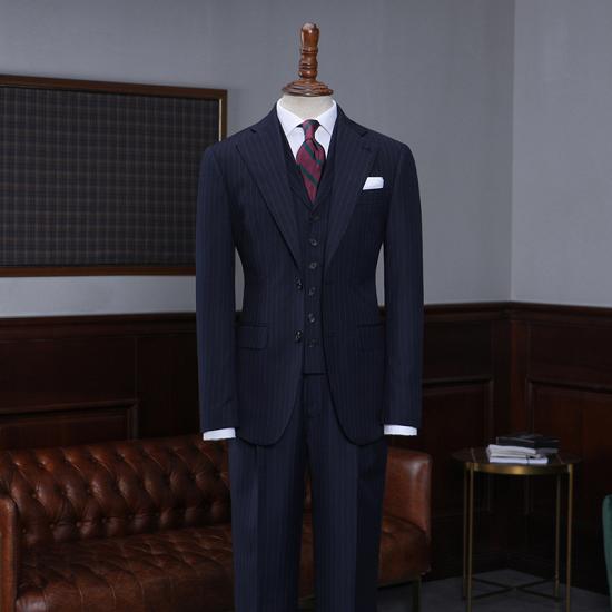Florence Trendy Formal Navy Blue Striped 3 Pieces Slim Fit Bespoke Business Suit_2