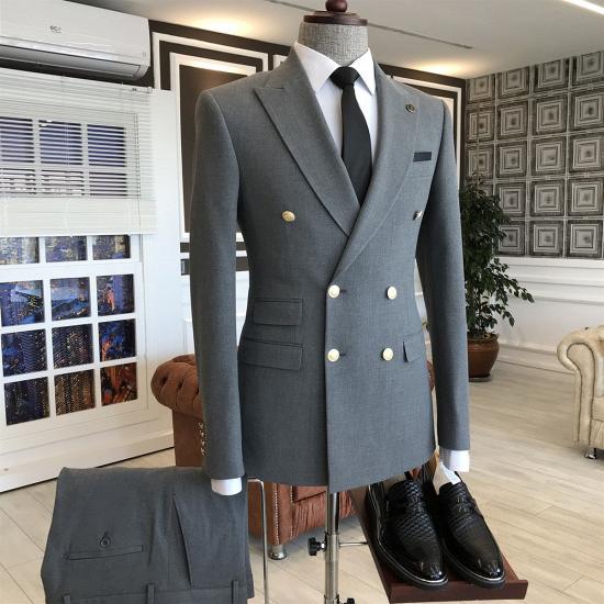 Kyra Best Fitted Dark Gray Peaked Lapel Double Breasted Business Suits For Men_2