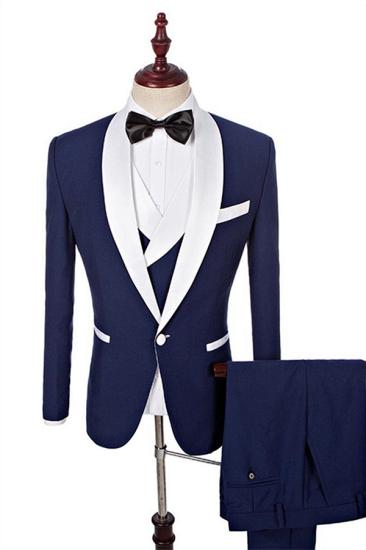 New Arrival Navy Blue Groomsmen White Shawl Lapel | One Button Wedding Tuxedos 3 Pieces_3