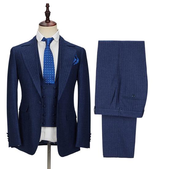 Navy blue notch lapel slim fit formal men's suit with stripes_3