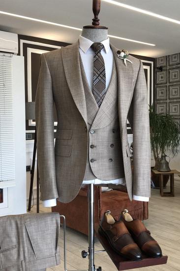 Happnessmall Popular Light Coffee Plaid Double Breasted Waistcoat Business Suits For Men