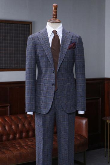 Isabelle Elegant Shape Formal Navy Blue Small Plaid Notched Lapel Slim Fit Bespoke Suit_1