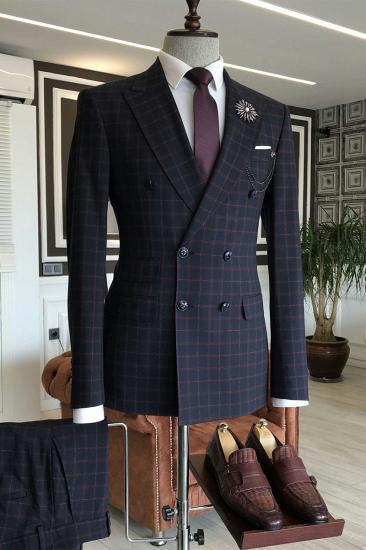 Dimitris Stylish Dark Blue Plaid Double Breasted 3 Flaps Business Suits For Men