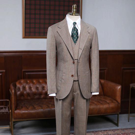 Lyric Gorgeous Light Khaki Plaid 3 Pieces Tailored Business Suit_2
