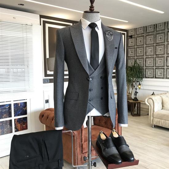 Layla Newest Gray Small Plaid Peaked Lapel One Button 3-Pieces Business Suits For Men_2