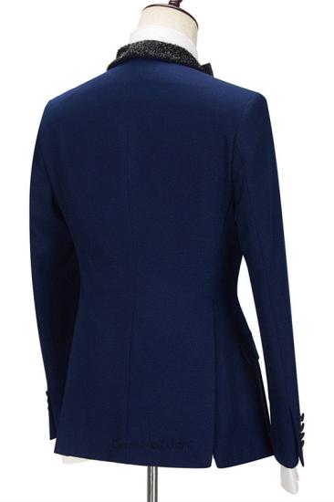 Fashion Dark Navy Bespoke Slim Fit Men Suits with Black Lapel With One Side Button_2