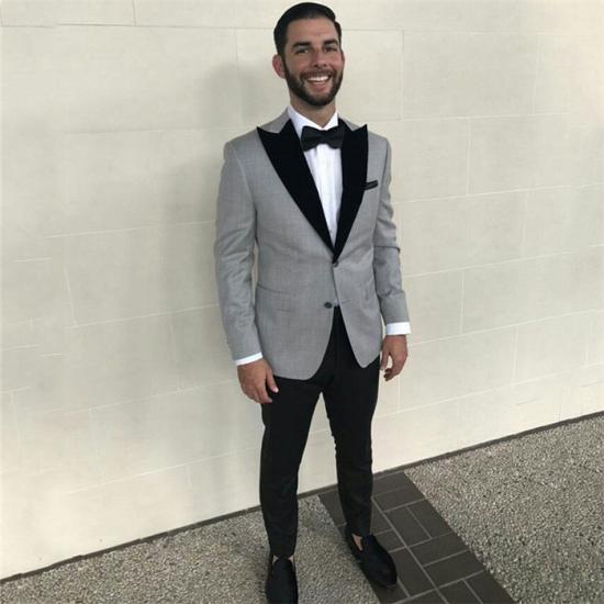 Silas High Quality Grey Slim Fit Business Mens Suits with Black Peaked Lapel_2
