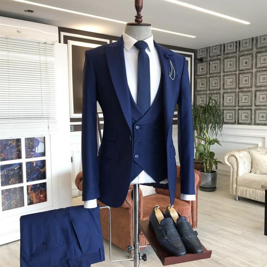 Happnessmall Newest Navy Blue 3-Pieces Peaked Lapel Slim Fit Business Men Suits_2