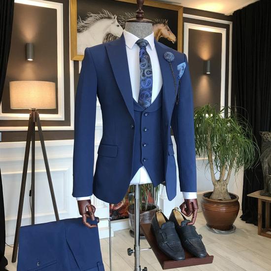 Fashion Formal Dark Blue Three Pieces Peaked Lapel Business Men Suits_4