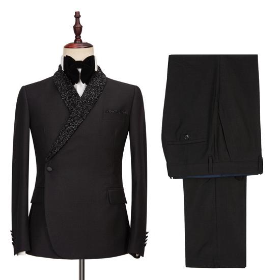 Latest Design Shawl Lapel Black One Button Wedding Suits_3