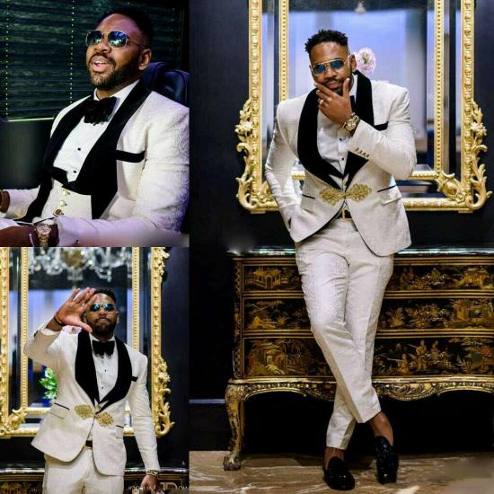 Hugo White Jacquard Three Piece Wedding Groom Men Suit With Knitted Button_2