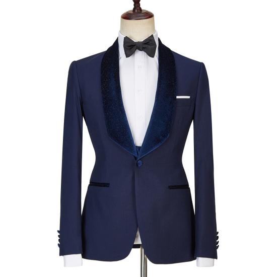 Latest Design Navy Blue Glow Collar Three Piece Set | Men's One Button Wedding Set_2