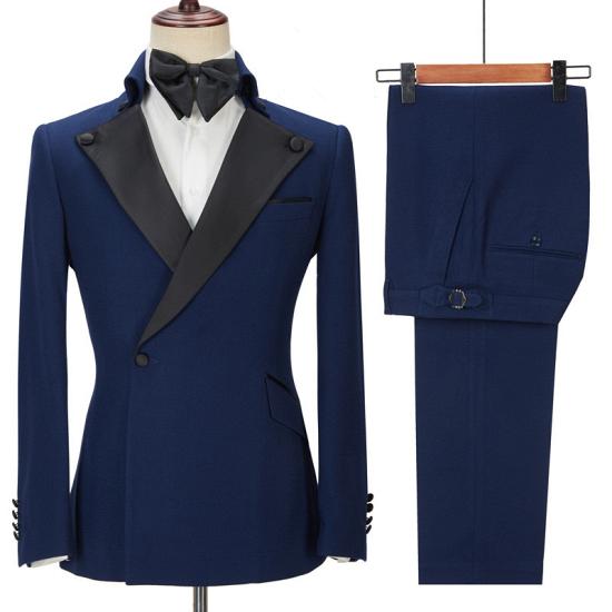 Stylish Dark Navy Black Silk Peak Lapel Two Pieces Men Suit for Prom With One Side Button_3