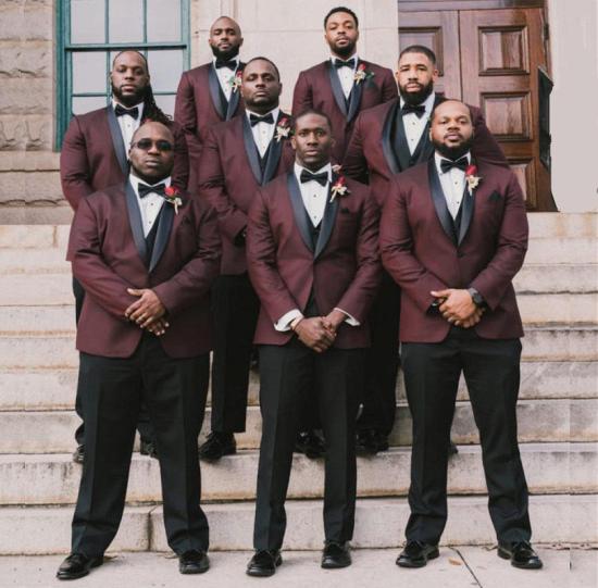 Caspian Burgundy Popular Shawl Lapel 3 Pieces Wedding Groomsmen Suits_2