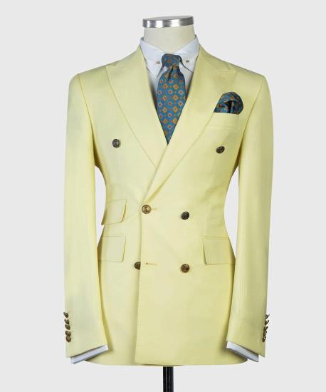 Latest Design Light Yellow Double Breasted Peaked Lapel Men Suits_3