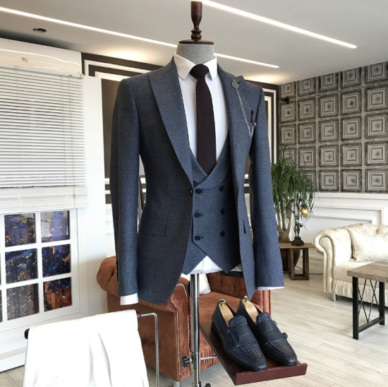 Vasilis Formal Dark Blue Plaid 3-Pieces Peaked Lapel Slim Fit Business Suits_2