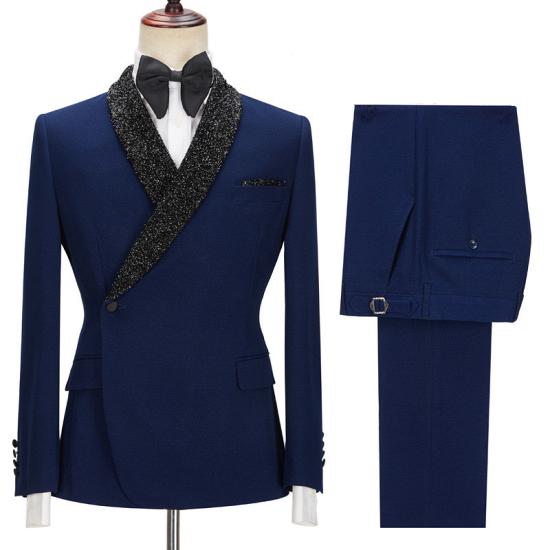 Fashion Dark Navy Bespoke Slim Fit Men Suits with Black Lapel With One Side Button_4