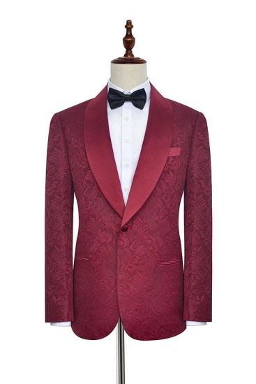 Burgundy Jacquard One Button Silk Shawl Lapel Mens Suits for Wedding or Prom_1