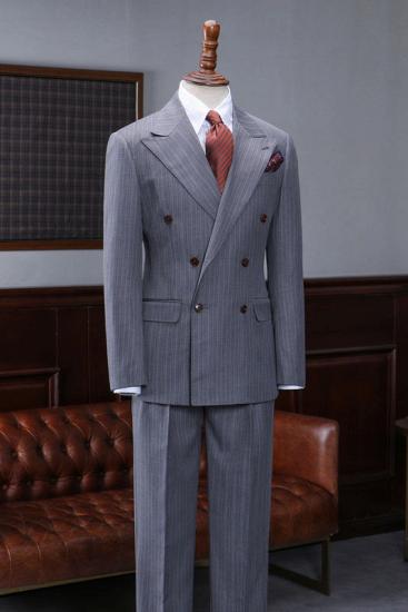 Paul Stylish Gray Striped Peaked Lapel Double Breasted Custom Suit For Business