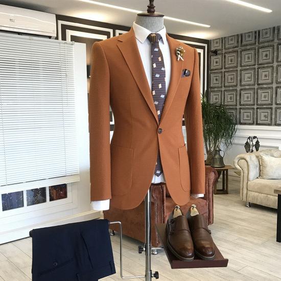 Unique Orange Notched Lapel One Button Slim Fit Suits For Business_2