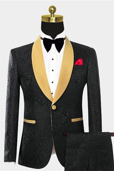 Black Two Pieces Prom Suits With golden Shawl Lapel | Jacquard Tuxedo with One Button