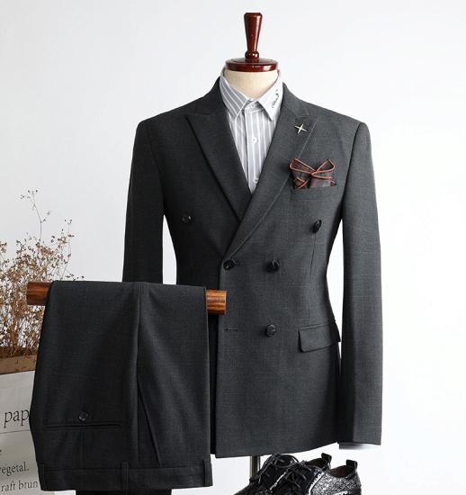 Modern Black Pliad Double Breasted Two Pieces Peaked Lapel Men Suits | happnessmall_2