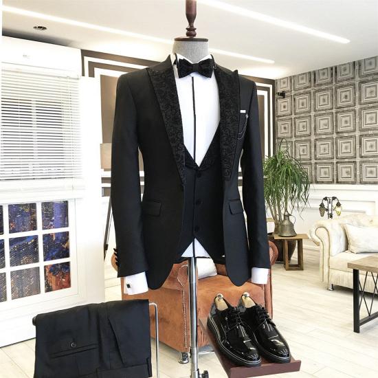 Alexander Traditional Black 3-pieces Peaked Jacquard Lapel Men Suit For Business_2